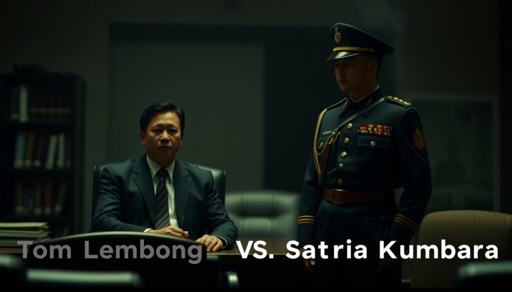 A close-up comparison of two individuals, one seated at a desk and the other standing, in a dimly lit office setting. The seated figure, wearing a suit, represents "Tom Lembong," while the standing figure, in military uniform, represents "Satria Arya Kumbara." The office scene is bathed in a warm, muted lighting, creating a somber, contemplative atmosphere. The two figures are positioned in a way that suggests a conversation or discussion, with their body language and facial expressions conveying a sense of seriousness and scrutiny. The background is blurred, drawing the viewer's focus to the central comparison between the two individuals.