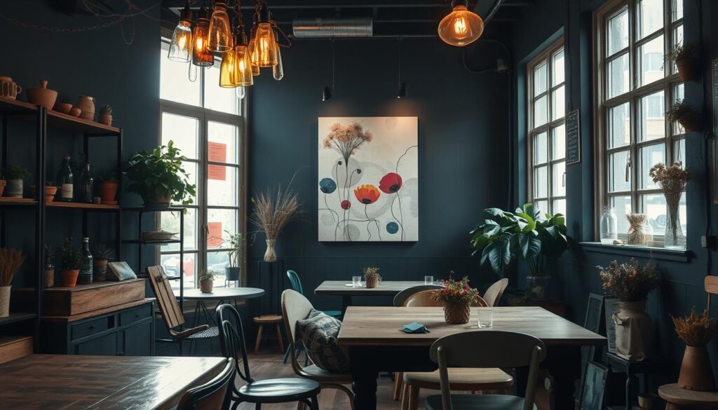 A cozy, dimly-lit cafe interior with an eclectic, sustainable decor. The foreground features a mix of repurposed furniture and upcycled decorative elements - a wooden table with mismatched chairs, a vintage chandelier made from recycled bottles, and shelves displaying potted plants and glass jars filled with dried flowers. In the middle ground, the walls are adorned with abstract art pieces created from reclaimed materials. Soft, warm lighting casts a welcoming glow, and large windows allow natural light to filter in, highlighting the organic textures and earthy tones that create a harmonious, inviting ambiance. An overall aesthetic of rustic charm and environmental consciousness pervades the scene.