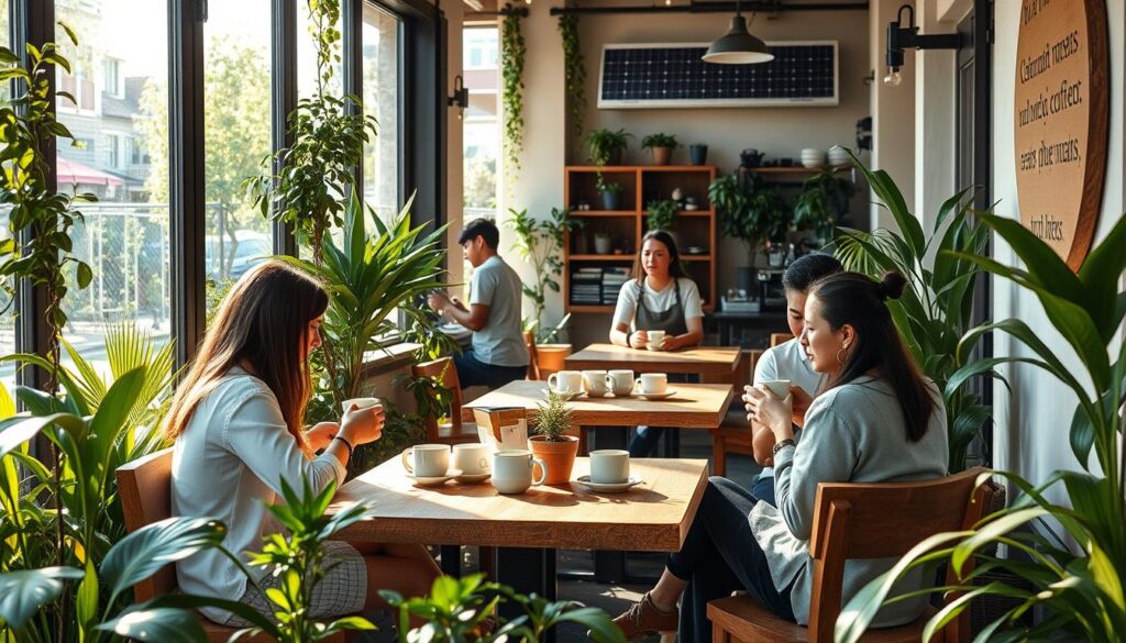A cozy, modern cafe nestled amidst lush greenery, sunlight filtering through large windows, casting a warm glow on the recycled wood furniture and handcrafted ceramic mugs. Baristas meticulously prepare specialty coffee drinks, their movements graceful and efficient. The cafe's exterior features a vertical garden, solar panels, and eco-friendly signage made from recycled materials. Customers converse over steaming cups, a sense of tranquility and environmental consciousness permeating the space. The scene exudes a commitment to sustainability, inviting patrons to savor their coffee while appreciating the cafe's harmonious integration with nature.
