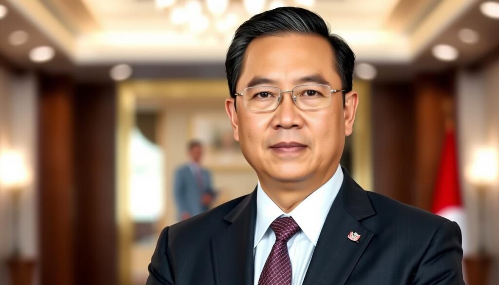 A portrait of Wakil Presiden Gibran Rakabuming Raka, standing confidently in a formal business attire, his gaze direct and authoritative. The lighting is soft and flattering, illuminating the details of his face and sharp features. The background is a blurred, elegant office setting, conveying a sense of professionalism and influence. The overall tone is one of leadership, gravitas, and a strong public presence befitting the office of the Vice President of Indonesia.