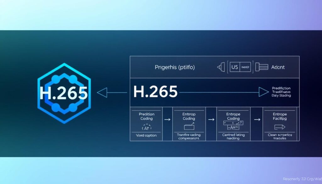 A detailed diagram of the H.265 video codec, showcasing its inner workings and technical specifications. The foreground features the codec's logo and a visually appealing hexagonal pattern, representing its efficient compression algorithm. The middle ground displays a breakdown of the codec's key components, such as the prediction, transformation, and entropy coding modules, illustrated with clean, technical schematics. The background provides a subtle gradient, creating a professional, informative atmosphere. Careful attention is paid to the lighting, angles, and overall aesthetics to produce a visually striking and informative image that effectively conveys the fundamental aspects of the H.265 video compression standard.