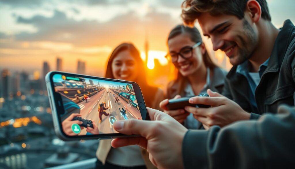 A dynamic composition showcasing the impact of iOS on mobile gaming development. In the foreground, feature a sleek iPhone displaying a thrilling game in action, with bright, engaging graphics. The middle ground includes a diverse group of gamers—two women and a man—intently absorbed in playing, with excited expressions, dressed in smart casual attire. In the background, a vibrant city skyline represents the technological advancements, illuminated by a sunset that casts a warm glow, creating an inviting atmosphere. Use a shallow depth of field to focus on the phone and gamers while softly blurring the distant skyline. Apply a soft lighting effect to enhance the mood, highlighting both the joyful engagement with the game and the innovative world of mobile gaming influenced by iOS.