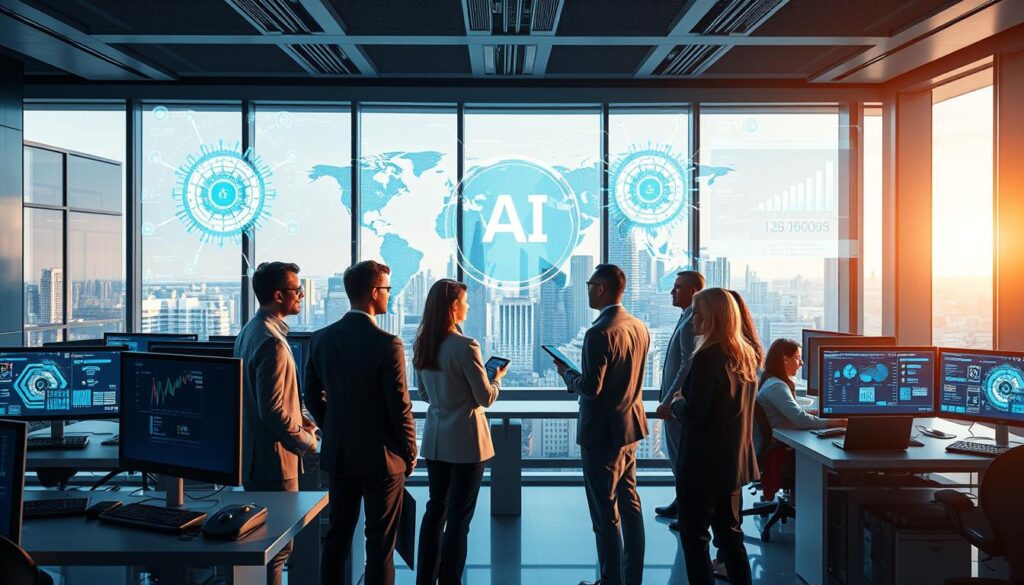 A futuristic office environment showcasing the latest advancements in artificial intelligence technology, with sleek computers and interactive screens displaying complex algorithms and global data connections. In the foreground, a group of diverse professionals in smart business attire are engaged in a collaborative discussion, emphasizing teamwork and innovation. The middle ground features a modern workspace with holographic displays projecting AI trends and statistics, symbolizing the rapid growth and integration of AI in the workplace. The background includes large windows with a panoramic city skyline, bathing the scene in natural light, enhancing the feeling of a vibrant, tech-driven atmosphere. The mood is optimistic and forward-thinking, highlighting the global impact of artificial intelligence trends.