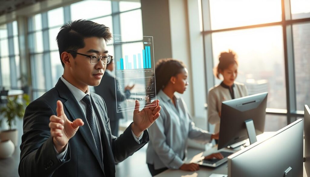 A modern office environment where diverse professionals are engaged in productive activities enhanced by artificial intelligence technology. In the foreground, a young Asian man in a smart business suit is interacting with a holographic AI interface displaying graphs and data analytics. In the middle ground, a Black woman in a sleek blouse collaborates with a coworker at a high-tech workstation, using AI-driven tools for brainstorming. The background reveals large windows with a view of a city skyline, filled with sunlight streaming in to create a bright and energetic atmosphere. The scene reflects focus, innovation, and teamwork, emphasizing the positive impact of AI on workplace productivity. Soft, natural lighting enhances the professionalism, and the image captures a sense of forward-thinking collaboration.