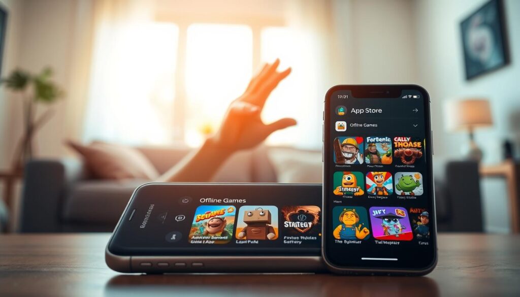 A vibrant scene depicting a user-friendly App Store interface showcasing various offline mobile games on an iOS device. In the foreground, a sleek iPhone is displayed with a colorful array of game icons, including adventure, puzzle, and strategy games, inviting users to explore. The middle ground features a blurred hand reaching out to tap on a game icon, symbolizing engagement. In the background, there’s a soft-focus setting of a cozy living room, illuminated by warm, natural lighting from a window, creating an inviting atmosphere for leisure. The overall mood is relaxed and friendly, emphasizing the joy of discovering quality offline games available for download, perfect for leisure time.