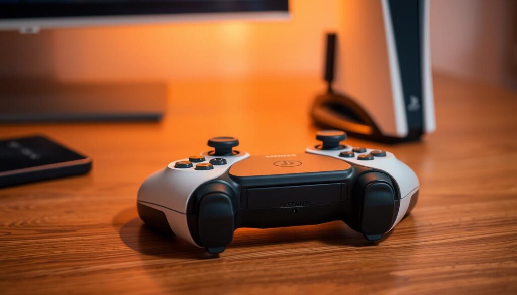 A close-up view of a DualSense wireless controller for PlayStation 5 lying on a wooden desk, emphasizing the reset button at the back of the controller. The controller is set against a softly blurred background featuring a gaming setup with a PS5 console and a charging dock. Warm, ambient lighting enhances the scene, creating a cozy and inviting atmosphere. The focus is sharp on the controller, with a slightly angled perspective that captures the ergonomic design and intricate details. The setting is tidy, suggesting a dedicated gaming area. The mood conveys a sense of troubleshooting and clarity, perfect for illustrating the process of resetting the controller. A close-up view of a DualSense wireless controller for PlayStation 5 lying on a wooden desk, emphasizing the reset button at the back of the controller. The controller is set against a softly blurred background featuring a gaming setup with a PS5 console and a charging dock. Warm, ambient lighting enhances the scene, creating a cozy and inviting atmosphere. The focus is sharp on the controller, with a slightly angled perspective that captures the ergonomic design and intricate details. The setting is tidy, suggesting a dedicated gaming area. The mood conveys a sense of troubleshooting and clarity, perfect for illustrating the process of resetting the controller.