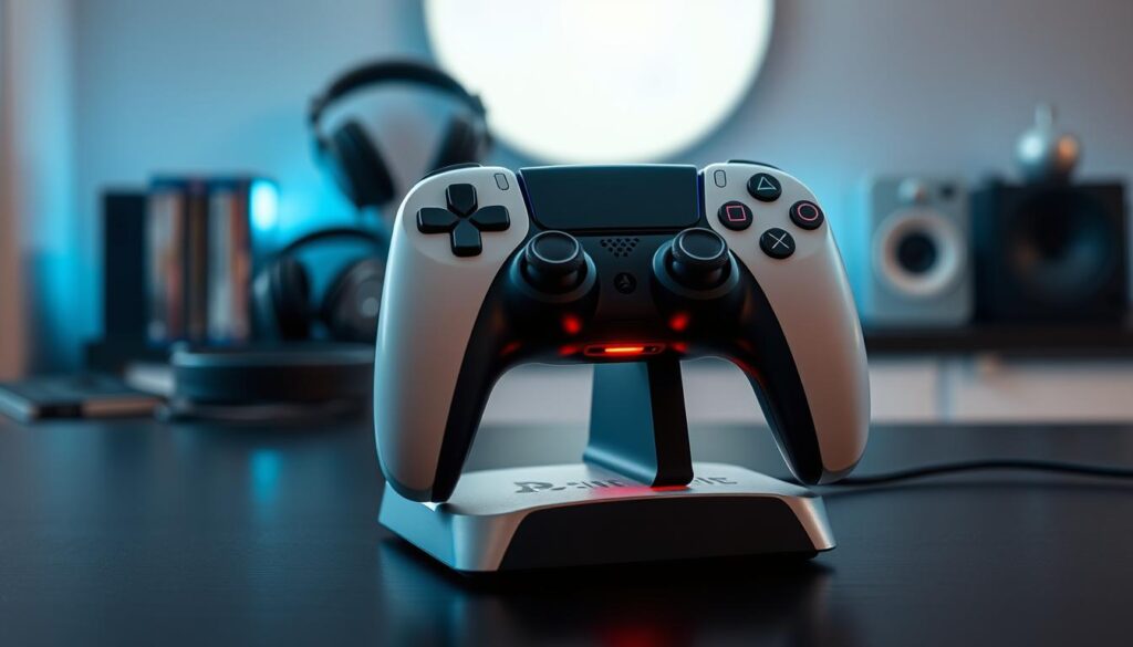 A detailed close-up of a PS5 DualSense controller placed on a stylish, modern charging dock, showcasing an LED light indication that is blinking in red. The foreground features a well-maintained controller with the charging dock, emphasizing the vibrant LED and the polished surface of the dock. In the middle, subtly blurred details of neatly arranged gaming accessories, like headphones and game cases, create a cohesive gaming environment. The background is softly focused, displaying a contemporary room setup with dim ambient lighting that highlights the technological aspects of the scene. The mood is serene yet focused, capturing the essence of proper care and maintenance for gaming hardware. The image is professional and clean, free of any text or distractions. A detailed close-up of a PS5 DualSense controller placed on a stylish, modern charging dock, showcasing an LED light indication that is blinking in red. The foreground features a well-maintained controller with the charging dock, emphasizing the vibrant LED and the polished surface of the dock. In the middle, subtly blurred details of neatly arranged gaming accessories, like headphones and game cases, create a cohesive gaming environment. The background is softly focused, displaying a contemporary room setup with dim ambient lighting that highlights the technological aspects of the scene. The mood is serene yet focused, capturing the essence of proper care and maintenance for gaming hardware. The image is professional and clean, free of any text or distractions.