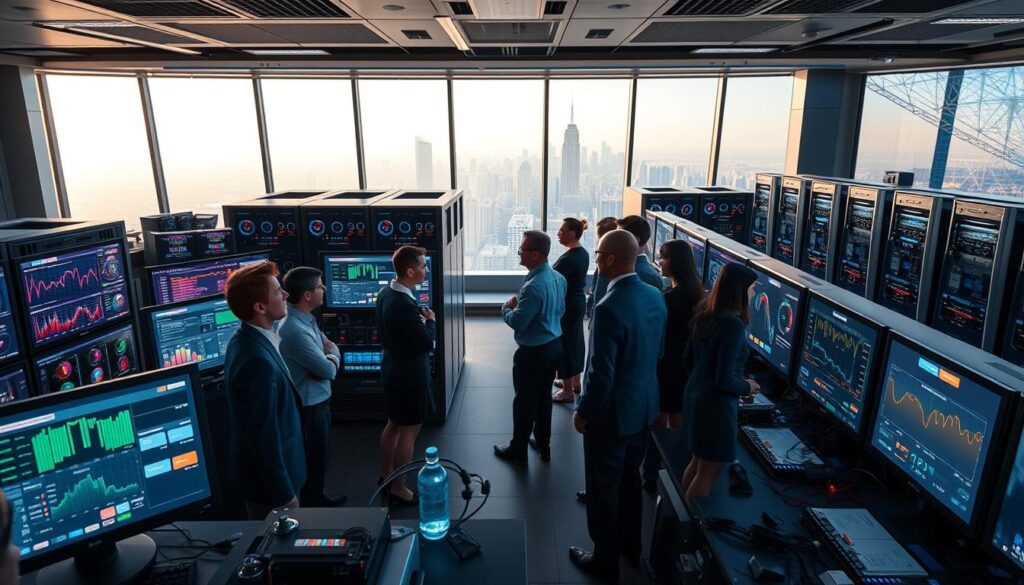 A futuristic control room filled with advanced supercomputer equipment showcasing the El Capitan technology. In the foreground, a diverse group of professional individuals, dressed in smart business attire, are engaged in collaboration, analyzing data on high-tech screens filled with vibrant graphs and real-time communications. The middle ground features rows of sleek supercomputers with flashing lights and complex circuitry, symbolizing high performance and robust communication capabilities. The background depicts large panoramic windows revealing a futuristic city skyline, bathed in bright daylight, suggesting progress and innovation. The scene is illuminated by soft, ambient lighting with a focus on the screens, creating a dynamic and inspiring atmosphere of technological advancement and teamwork.