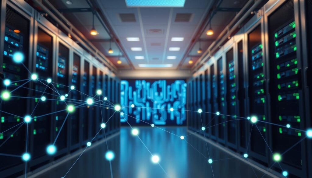 A sophisticated, high-tech setting featuring an abstract visualization of real-time error detection mechanisms. In the foreground, a network of interconnected nodes represented by glowing dots and lines, pulsing with energy to signify data flow. The middle ground displays intricate circuit patterns, highlighting algorithms processing information with speed. The background showcases a sleek, modern data center with racks of servers, illuminated by soft blue and green lighting, creating a calm but intense atmosphere. The camera angle is slightly above eye level, capturing the complexity from a dynamic perspective. The scene should convey a sense of innovation and technological advancement, with an emphasis on clarity and precision. No text or human figures are included, maintaining a focus on the conceptual elements of error detection systems.