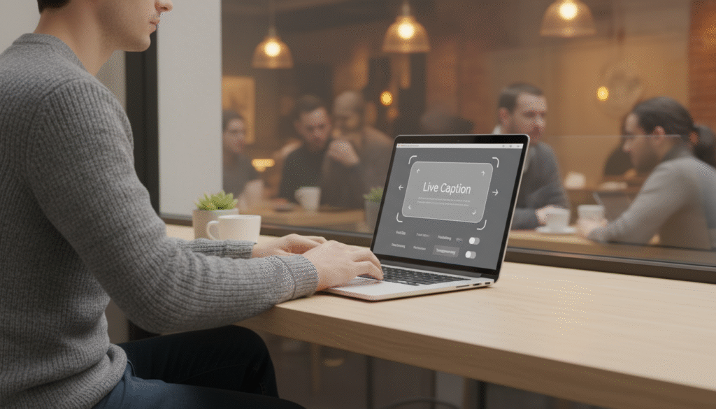 A vibrant, modern workspace featuring a sleek laptop on a wooden desk, displaying an automatic text box adjustment interface for Live Caption. In the foreground, the laptop screen shows an intuitive design with clear, user-friendly controls for resizing and positioning text. In the middle ground, a user, dressed in a smart casual outfit, interacts with the laptop, focused and engaged. The background contains a softly blurred coffee shop ambiance, with warm lighting from overhead fixtures, and patrons in the distance, subtly highlighting a busy environment conducive to watching videos. The overall mood is professional and accessible, illustrating technological accessibility in a lively public space, with a focus on user comfort and ease of understanding. The scene is well-lit, creating a welcoming atmosphere.