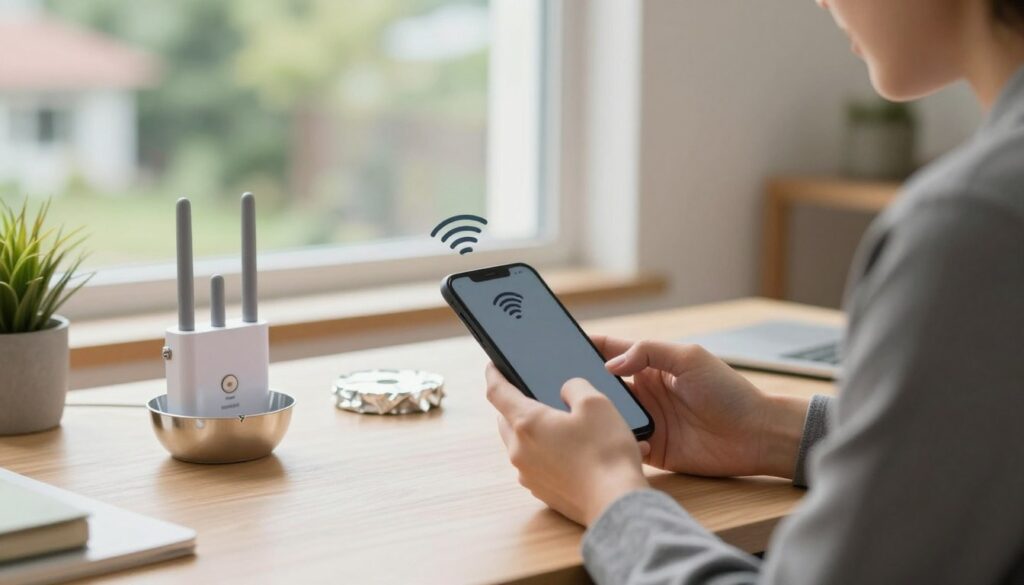 A modern home office scene showing a person in professional business attire, sitting at a desk with a smartphone and various household items. In the foreground, the person is holding a smartphone with a focus on the signal bars, indicating a weak signal. In the middle ground, a window reveals greenery outside, suggesting a peaceful neighborhood. On the desk, there’s a small DIY signal booster made from everyday materials, like a metal bowl and aluminum foil, emphasizing the “quick tricks” theme. The background features soft, natural light filtering in, creating a warm and inviting atmosphere. The overall mood is practical and inspiring, showcasing creativity in overcoming weak signals.