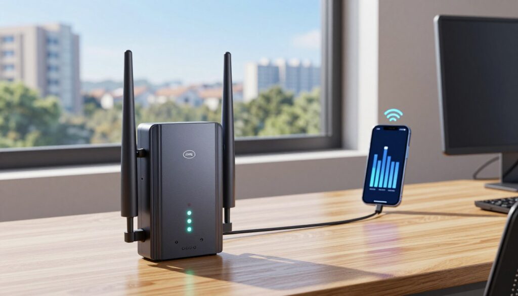 A technical illustration of a mobile phone signal booster setup in a modern, professional environment. In the foreground, a sleek, high-tech signal amplifier with LED indicators is prominently displayed on a wooden desk. In the middle ground, a smartphone connected to the amplifier shows clear signal bars, symbolizing improved connectivity. In the background, a large window reveals a suburban landscape with tall buildings and trees under a clear blue sky, reflecting a calm, sunny atmosphere. Soft, natural light streams in, highlighting the details of the devices and creating a clean, organized workspace. Ensure the scene conveys a sense of innovation and efficiency, ideal for demonstrating solutions for boosting mobile signal strength.